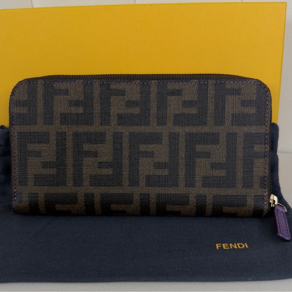 FENDI Zucca Spalmati Vitello Elite Zip Around Wallet Tobacco Viola Purple COA